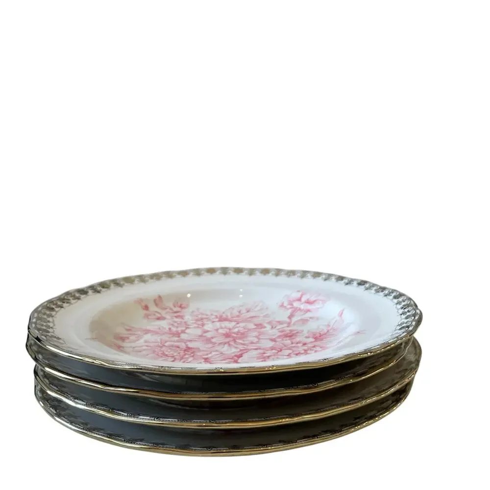 222 Fifth Pink Gold Floral Porcelain Salad Plates 8.5” Set of 4 Chic Easter NEW